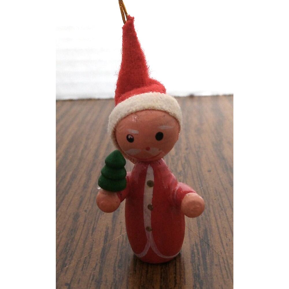 Miniture Wooden Vintage Santa Claus With Tree Ornament